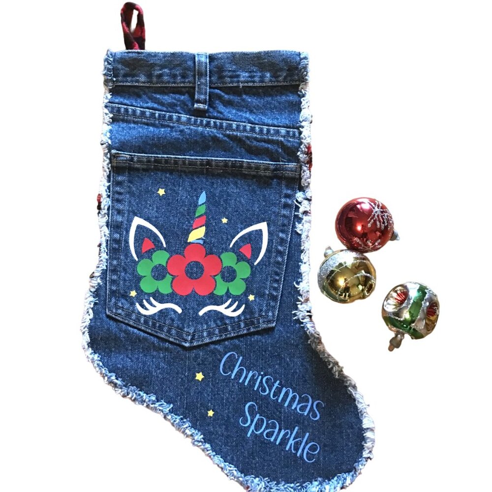 Handmade Christmas Stocking w/Jean Pocket Unicorn Graphic Recycled Denim